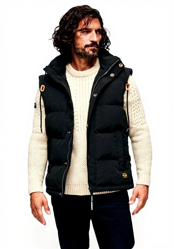 Superdry Herren Everest Puffer Gilet Kapuze wattiert schwarz