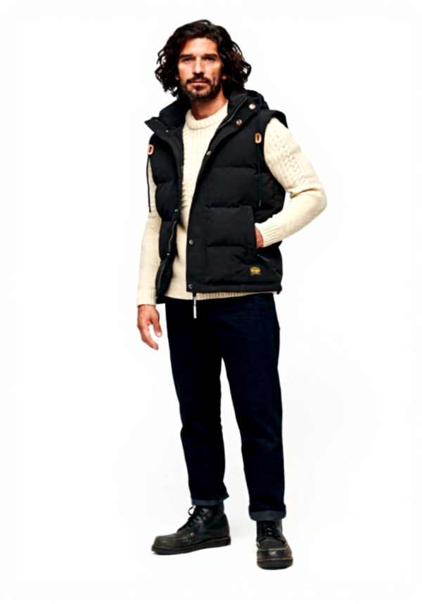 Superdry Herren Everest Puffer Gilet Kapuze wattiert schwarz