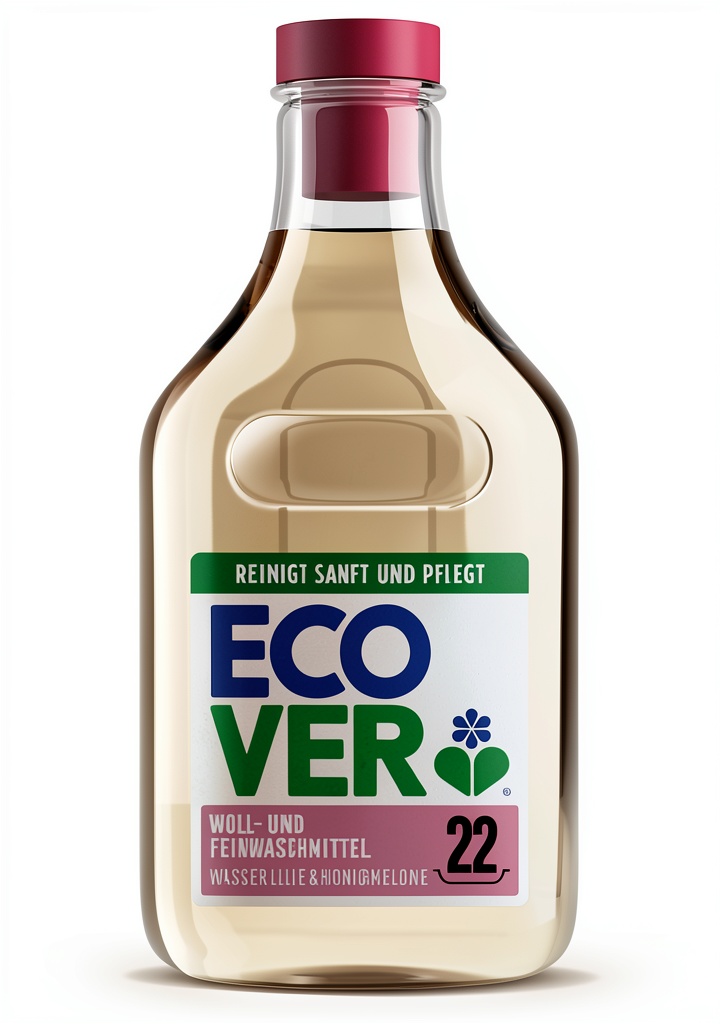 Ecover Flüssigwaschmittel für empfindliche Textilien auf einem Waschmaschinenfeld