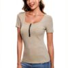 Totatuit Damen T-Shirt Kurzarm Slim Fit mit Reißverschluss, Rippstoff,-3
